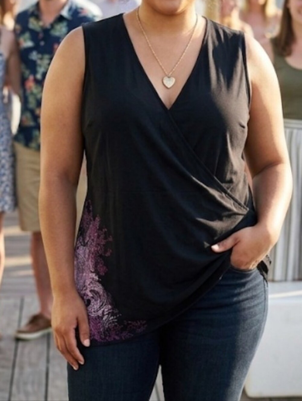 CJ Banks Black V-Neck Sleeveless Top with Pink Graphics